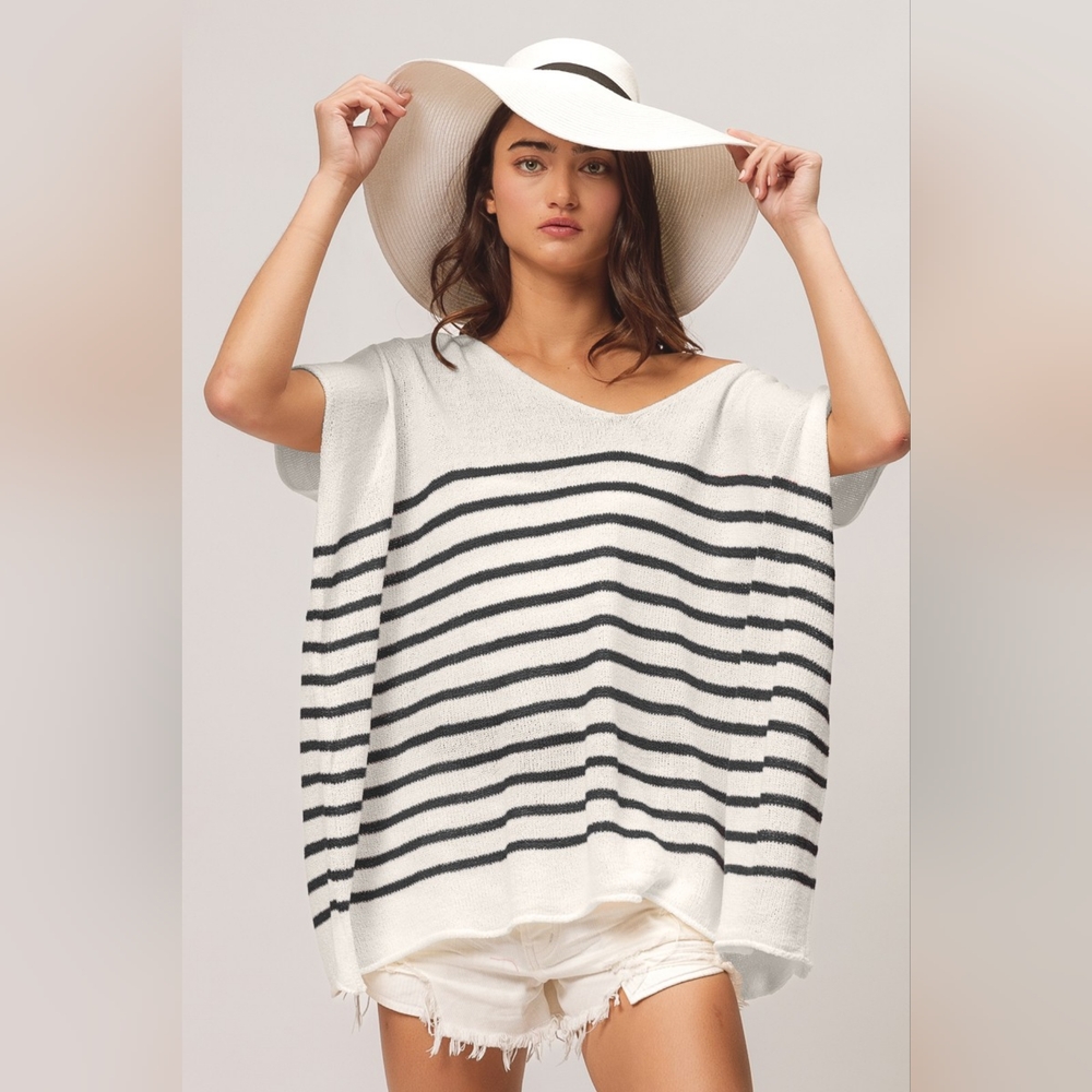 BiBi V Neck Striped Short Sleeve Top